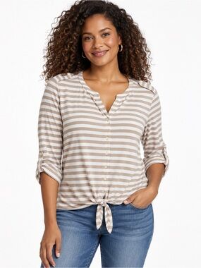 Chico’s Beige & White Striped Tie-Front Button Top Size 1
